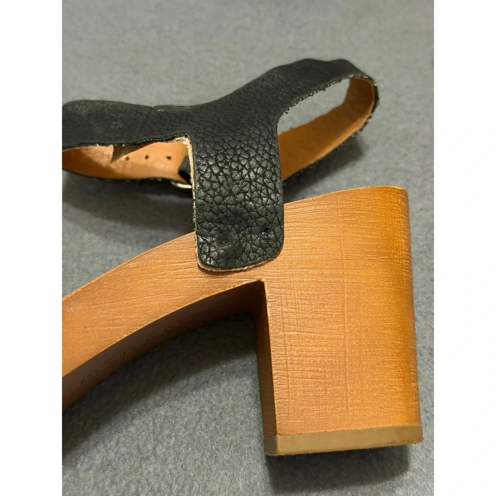 Lucky Brand Black Leather Wooden Block Heel Studded Ankle Strap Sandals 7M 37.5